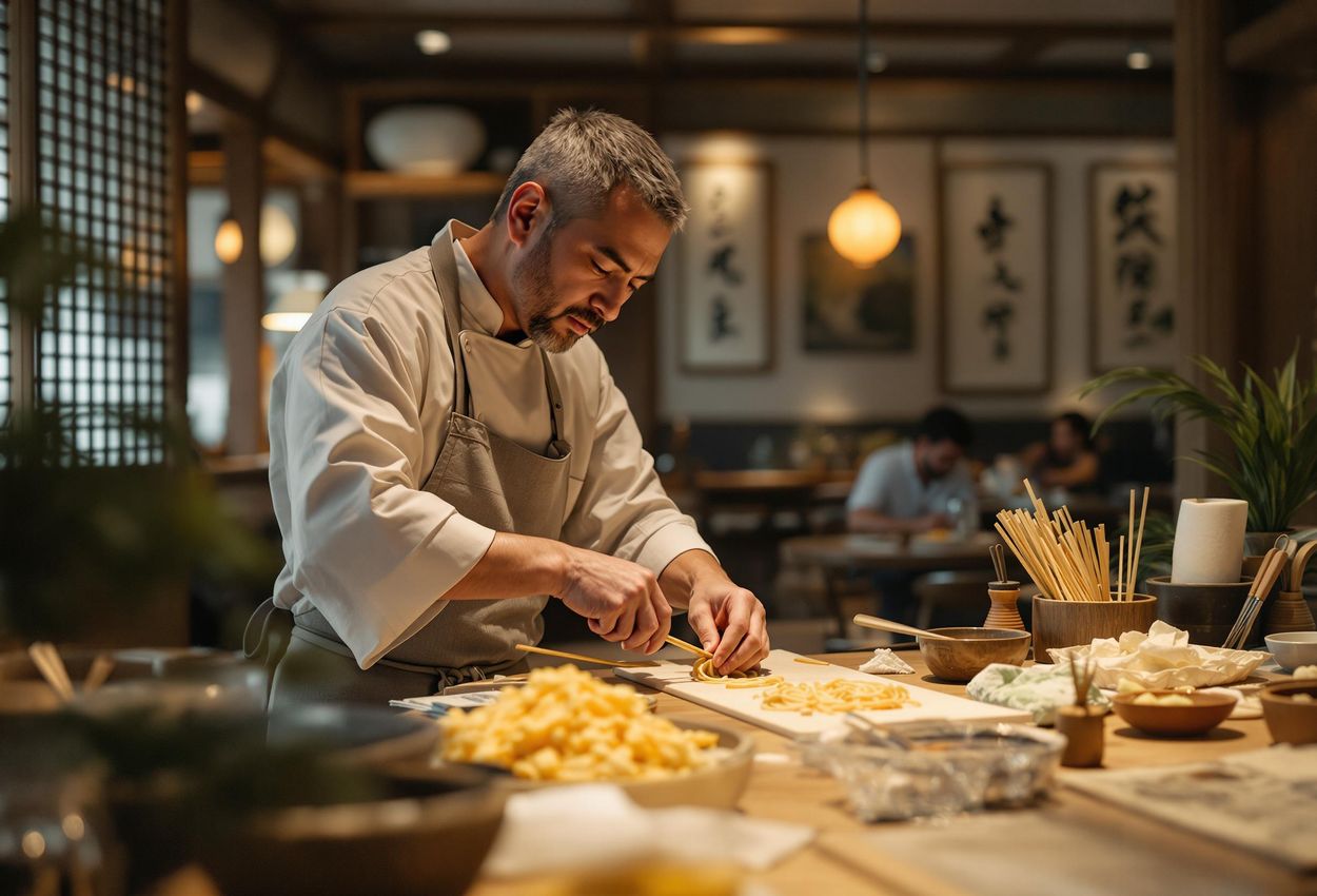 Authentic Soba Noodle Preparation at Rakuichi, Kyoto A photograph capturing the intricate process of soba noodle preparation by a skilled soba master at the renowned Rakuichi restaurant in Kyoto, Japan. The image showcases the restaurant