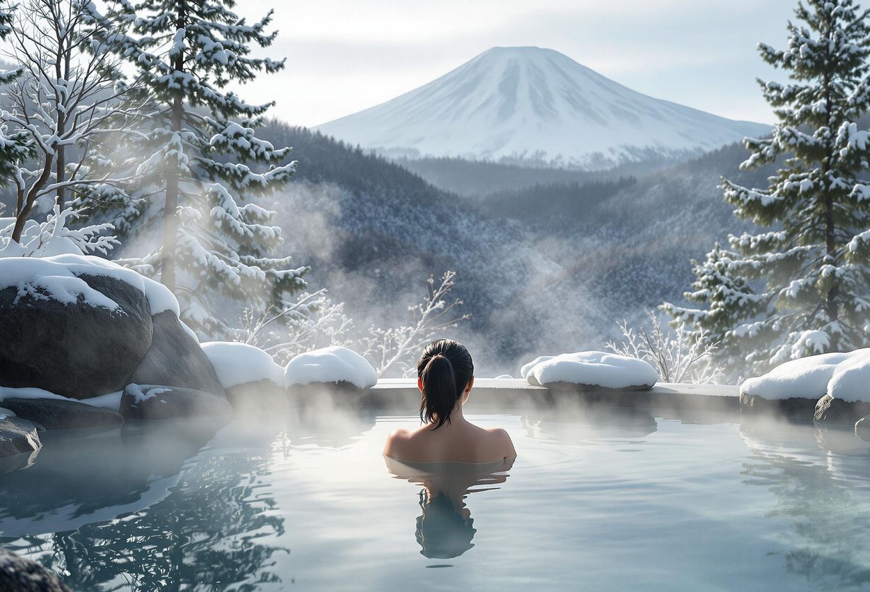 Serene Niseko Onsen Experience: Breathtaking Winter Landscape A captivating photograph of an outdoor onsen at Niseko Grand Hotel, featuring steaming water, a snow-covered landscape, and a person relaxing amidst the natural beauty of the Japanese Alps.