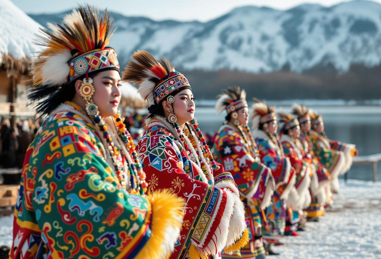 Ainu Dancers at Upopoy National Museum, Hokkaido A vibrant photograph capturing traditional Ainu dancers in colorful costumes performing at the Upopoy National Ainu Museum and Park in Hokkaido, Japan. The image showcases the rich cultural heritage of the Ainu people.