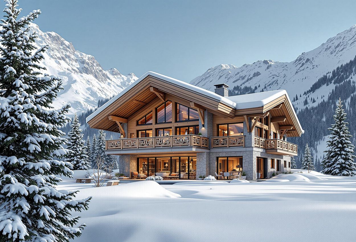 A stunning photograph of a luxurious modern chalet in the Swiss Alps during winter, showcasing its architectural beauty and harmonious integration with the alpine environment.
