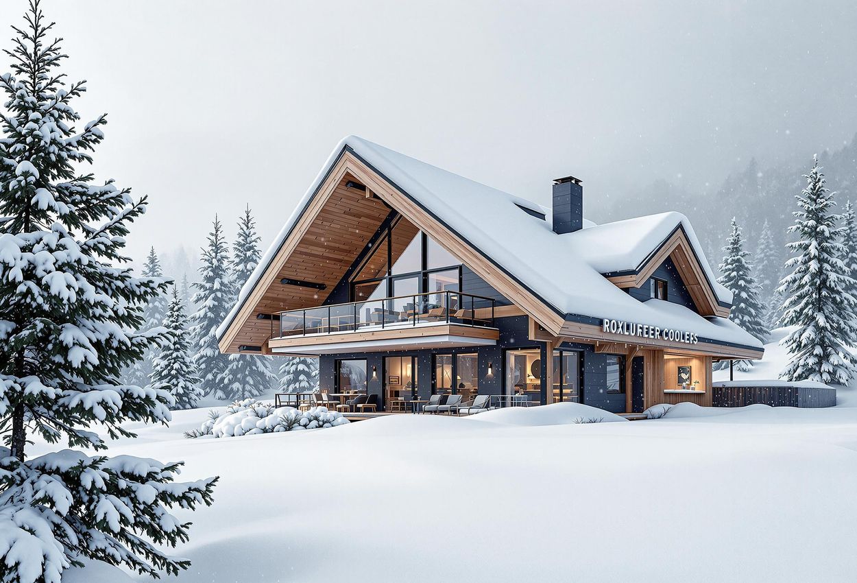 A photograph of a luxury chalet roof with an integrated snow-melting system, set against a pristine winter landscape on January 7, 2025.