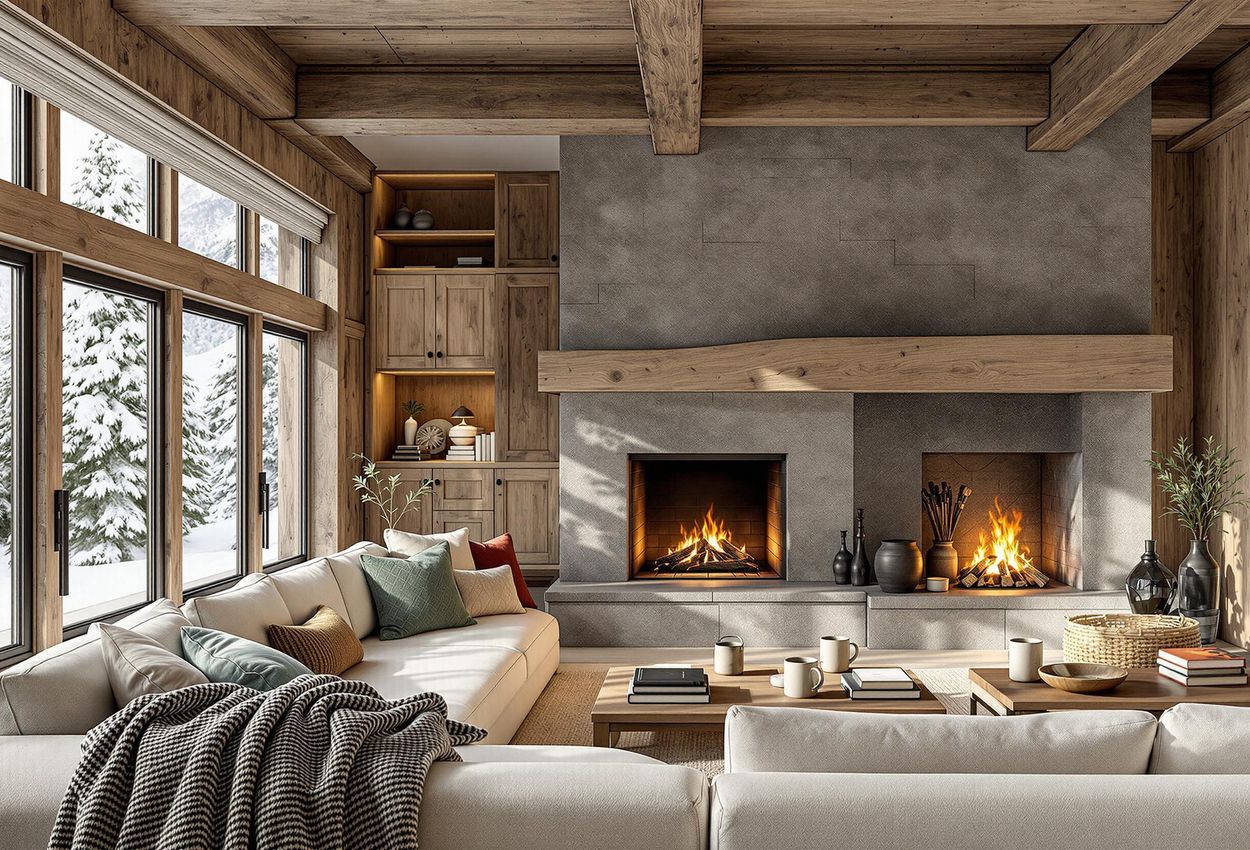 A photograph capturing the interior of an alpine chalet, showcasing exposed wooden beams, wood paneling, and a stone fireplace. The scene evokes a sense of comfort, relaxation, and sophistication.