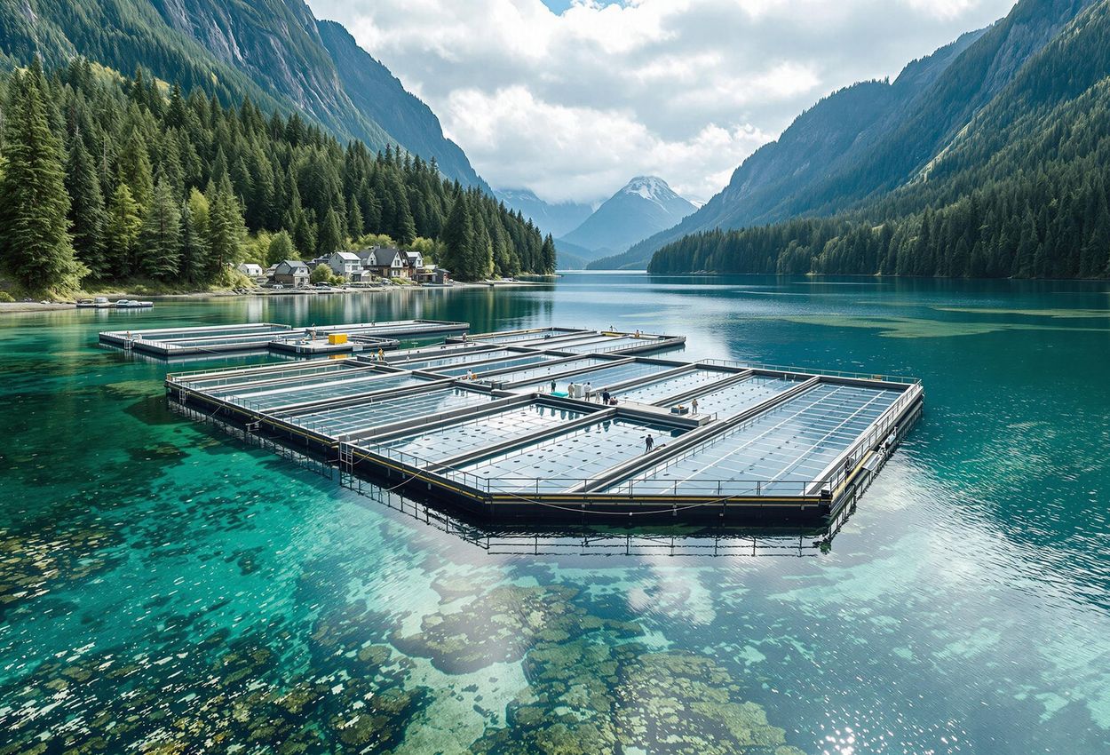 A stunning landscape photograph showcasing a sustainable salmon farm with closed-containment systems in British Columbia, Canada, highlighting the pristine environment and innovative aquaculture practices.