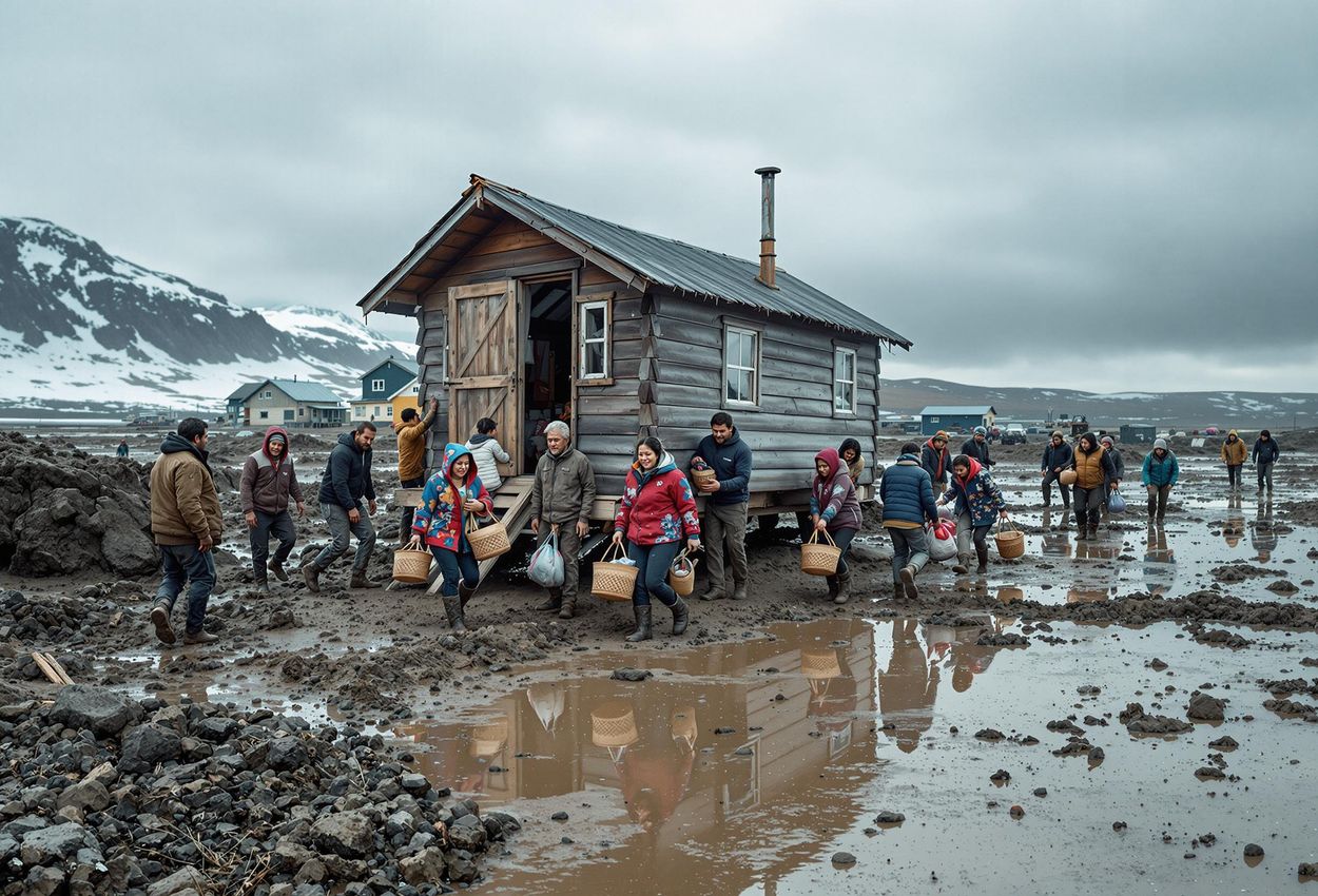 A poignant photograph capturing the community spirit of Newtok, Alaska, as villagers work together to relocate their homes further inland due to the devastating effects of coastal erosion.