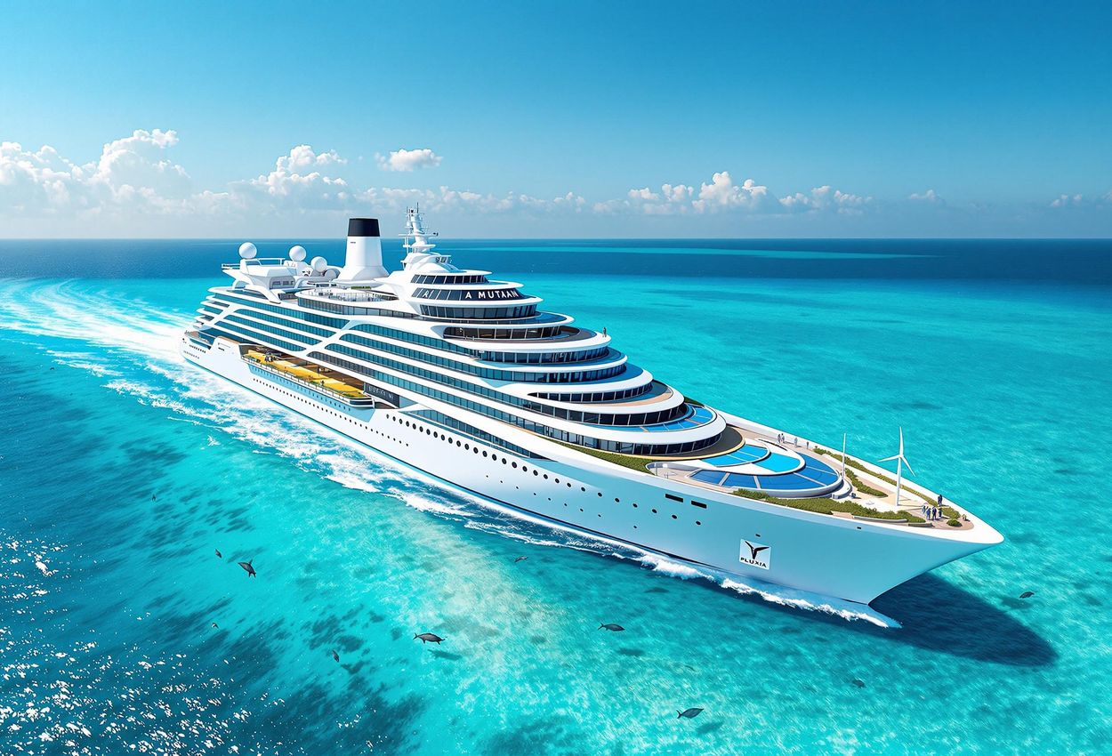 A panoramic photograph of a state-of-the-art cruise ship powered by renewable energy, sailing through a crystal-clear ocean teeming with marine life, symbolizing the future of sustainable luxury travel.