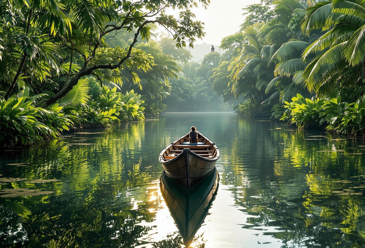Tranquil Canal in Tortuguero National Park, Costa Rica A serene photograph capturing a small boat gliding through the lush canals of Tortuguero National Park, Costa Rica, reflecting the vibrant rainforest and wildlife in the calm water.