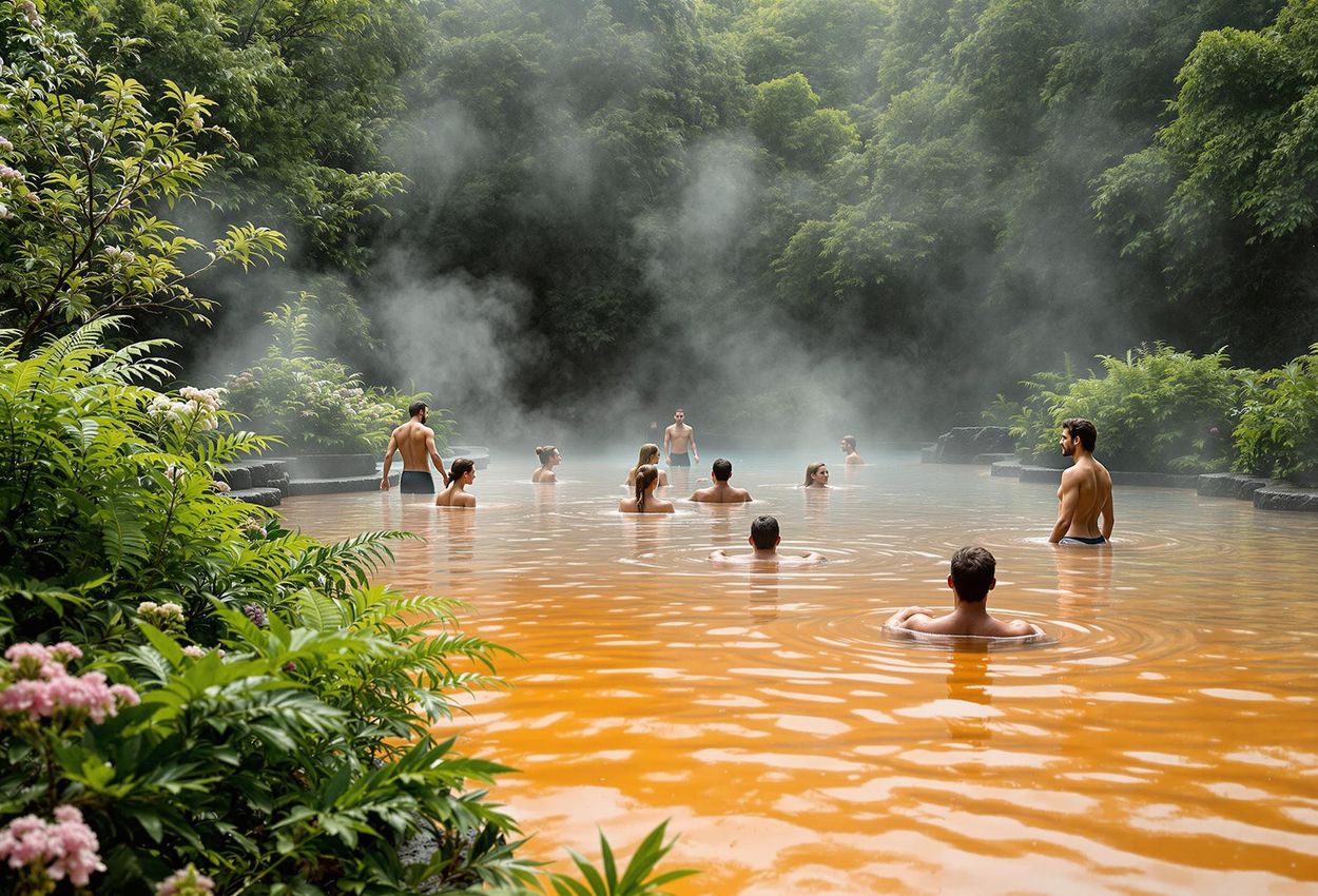 Geothermal Spa at Parque Terra Nostra, Azores A serene photograph capturing the beauty of the geothermal spa at Parque Terra Nostra in Furnas, Azores. The image showcases the unique orange thermal pool surrounded by lush vegetation, with people relaxing in the mineral-rich waters.