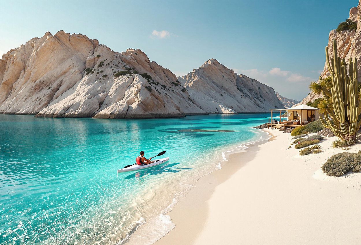 A stunning photograph capturing the serene beauty of Isla Espiritu Santo, featuring turquoise waters, white sand beaches, a lone kayaker, and a luxury glamping tent.