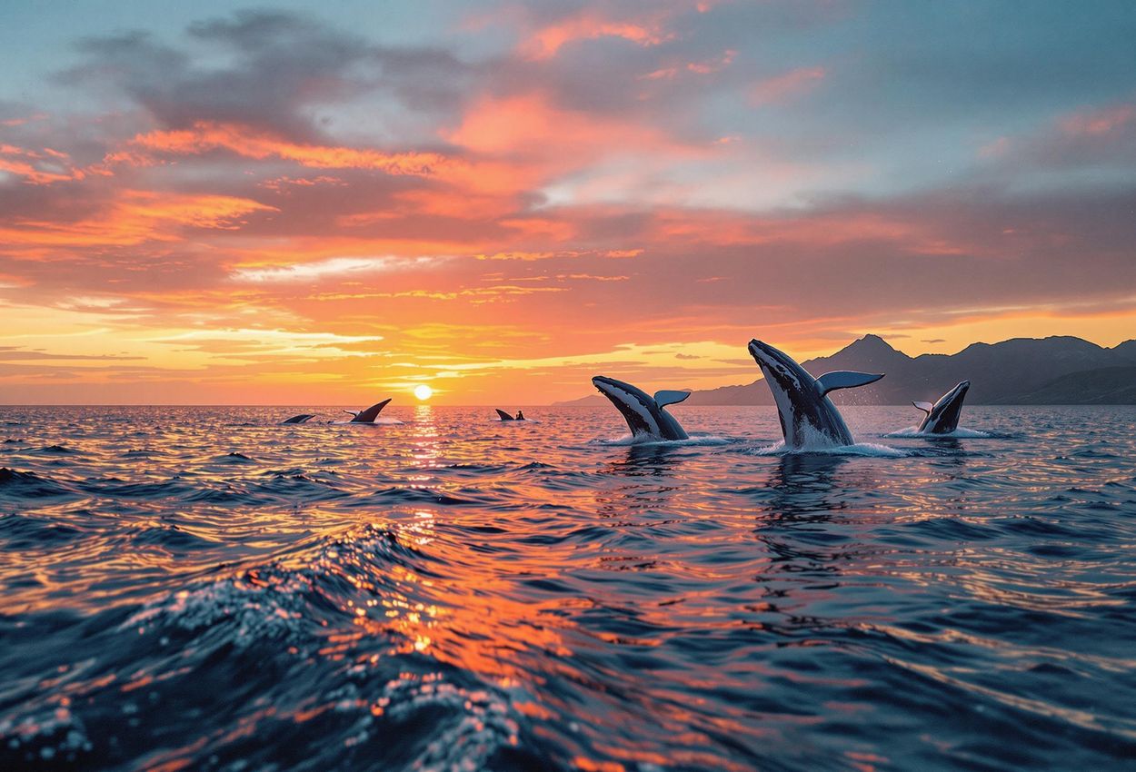 A panoramic photograph captures a breathtaking sunset over the Sea of Cortez near Loreto, with humpback whales breaching in the distance and tourists watching from an eco-friendly boat.