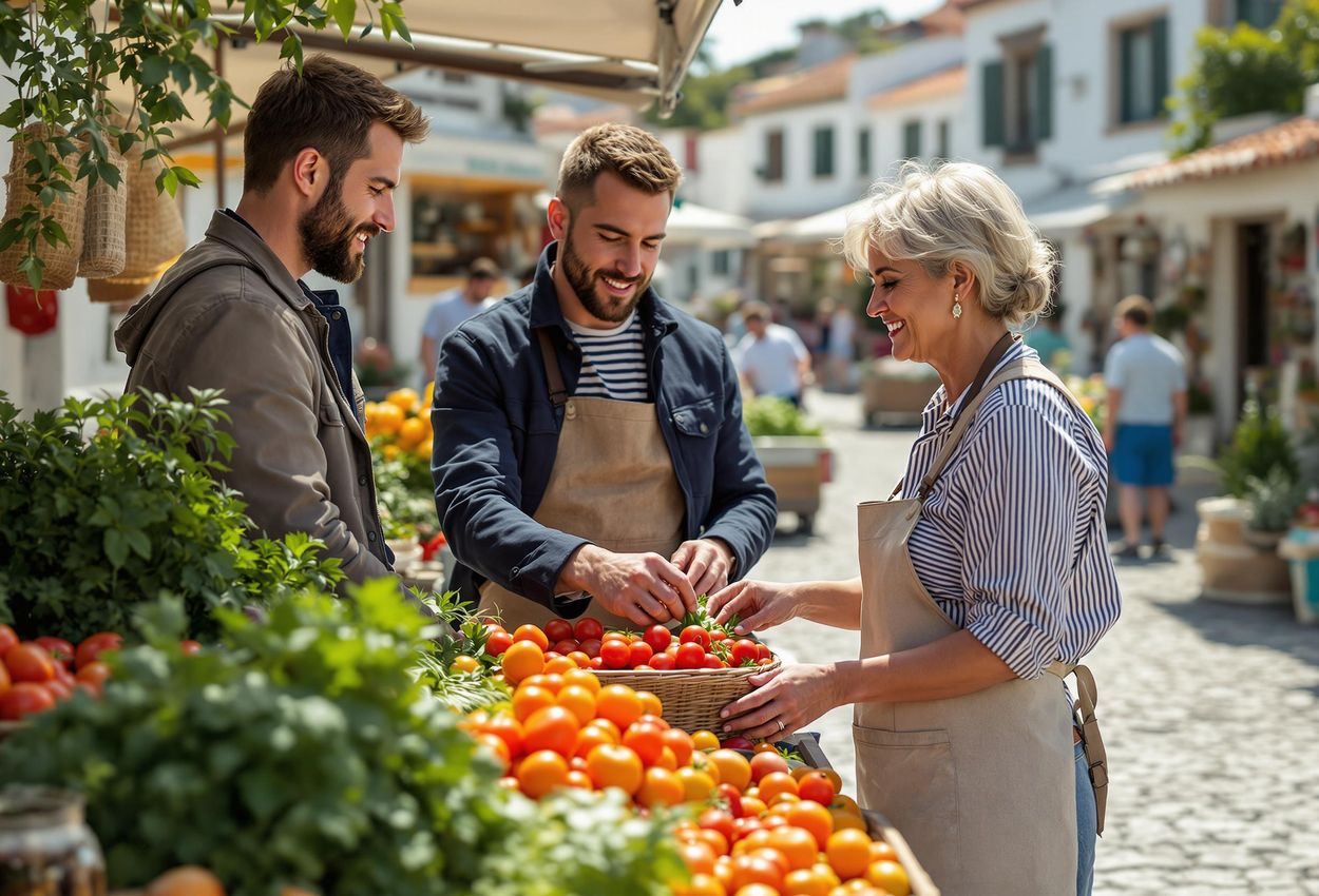 A photo captures sailors purchasing fresh produce at a vibrant coastal village farmers market, showcasing local vendors and community support.