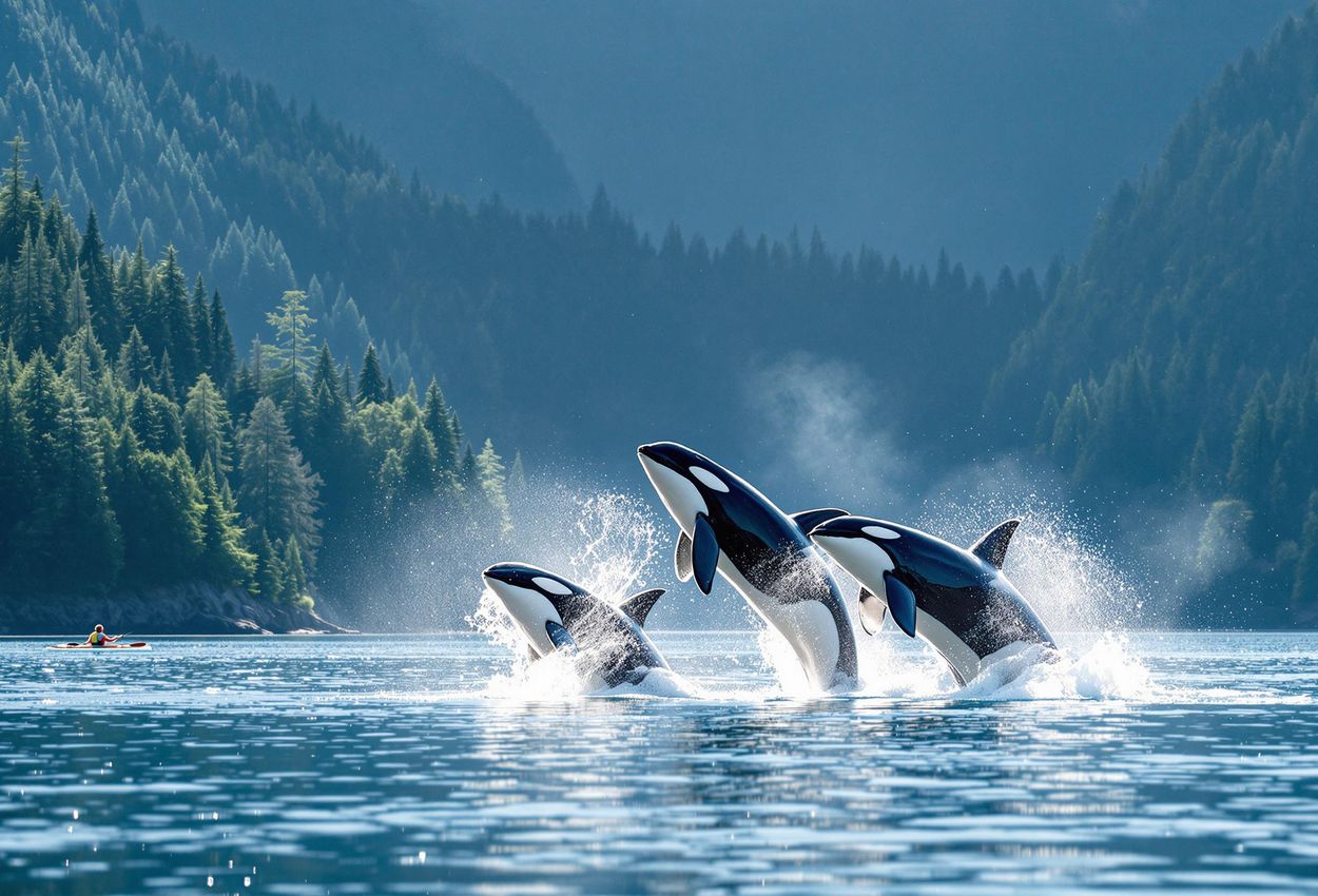 A stunning photograph captures a pod of orcas breaching the surface of the Johnstone Strait in British Columbia, Canada. A kayaker observes from a distance, highlighting the beauty and importance of ethical wildlife viewing.
