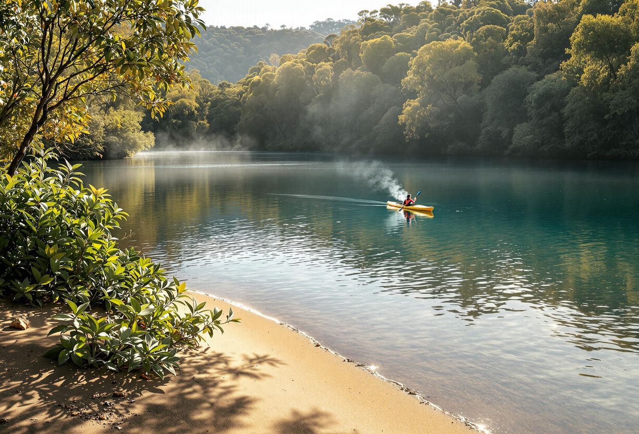 A tranquil photograph capturing a kayaker gliding through calm coastal waterways in Eden, Australia, surrounded by native vegetation and the sounds of birdsong. A cup of tea on the riverbank adds a touch of charm and hospitality.