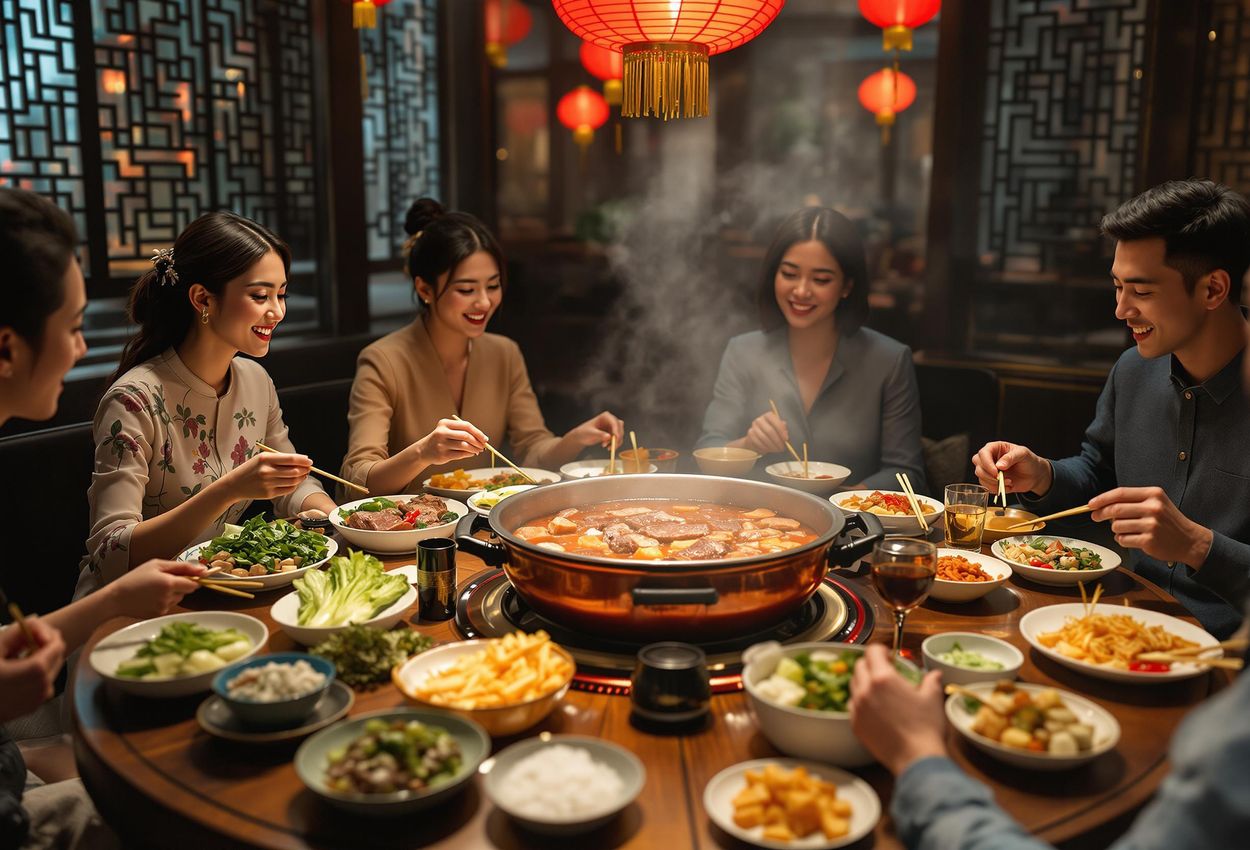 Lively Hot Pot Dinner in Chengdu, China A photograph capturing a vibrant hot pot dinner scene in Chengdu, China, showcasing the communal dining experience and cultural richness.