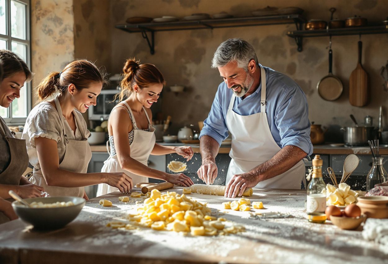 Authentic Italian Cooking Class in Tuscany A group of people learns to make fresh pasta from a local chef in a traditional Tuscan kitchen. Warm, natural lighting enhances the cozy atmosphere.