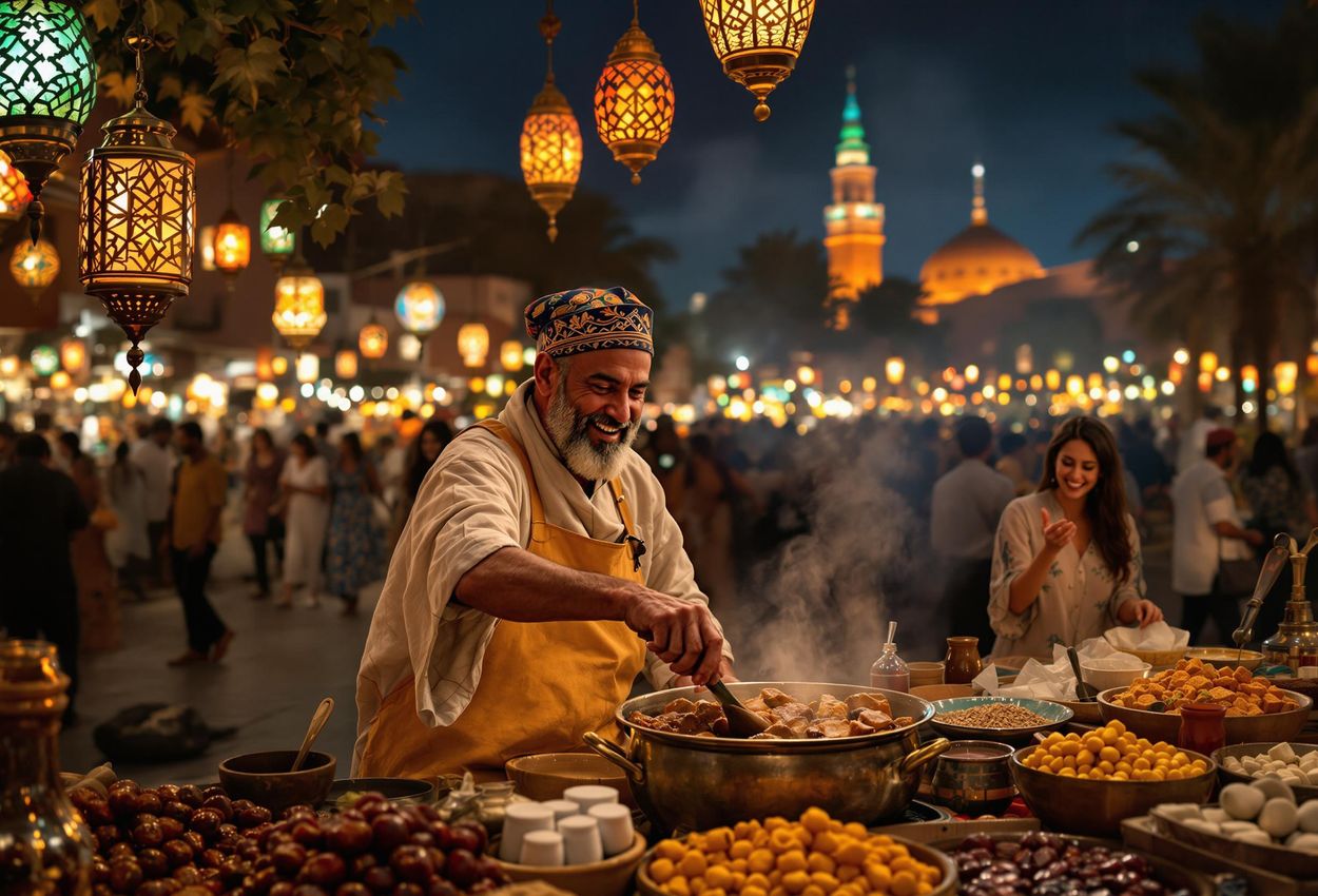 A captivating photograph capturing the vibrant atmosphere of Jemaa el-Fnaa square in Marrakech at night, featuring a tagine vendor amidst the bustling crowd and warm lantern light.