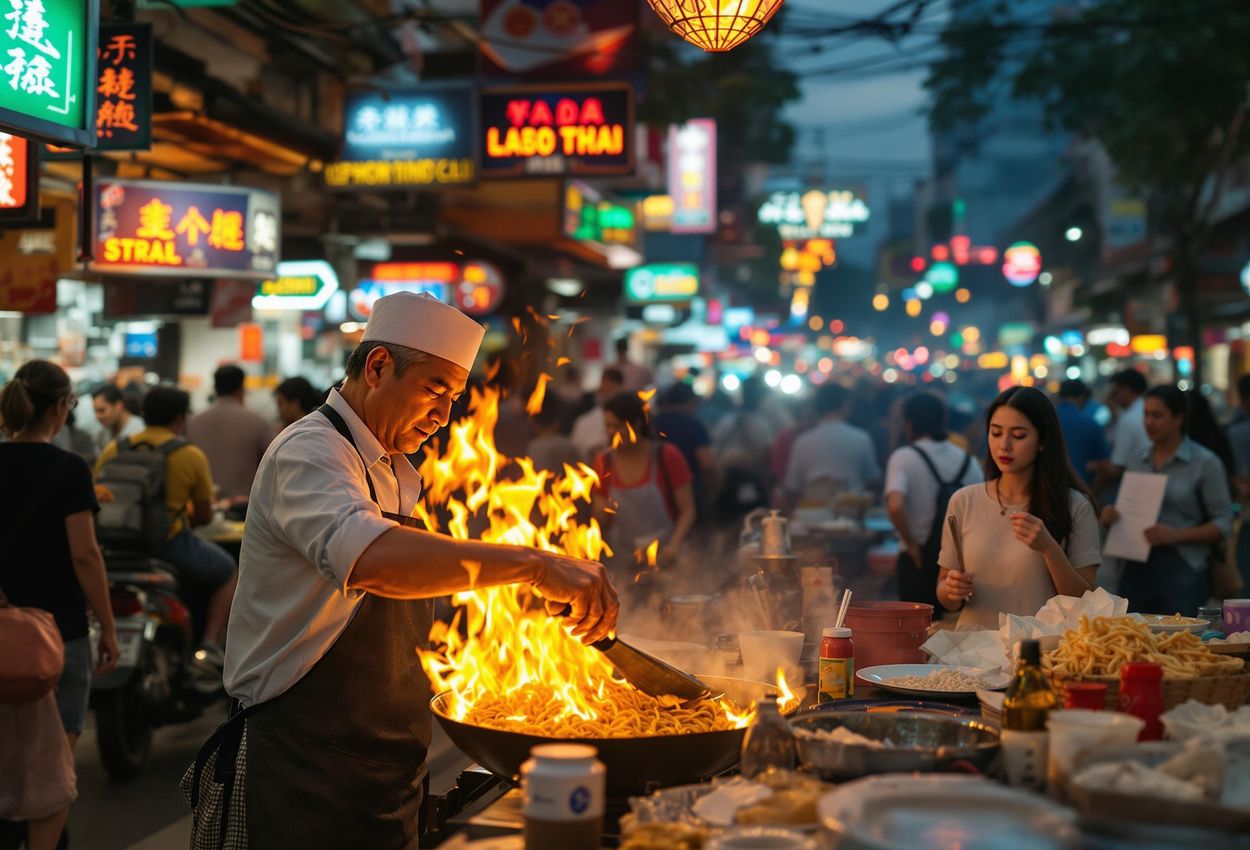 A captivating photograph capturing the energetic street food scene in Bangkok