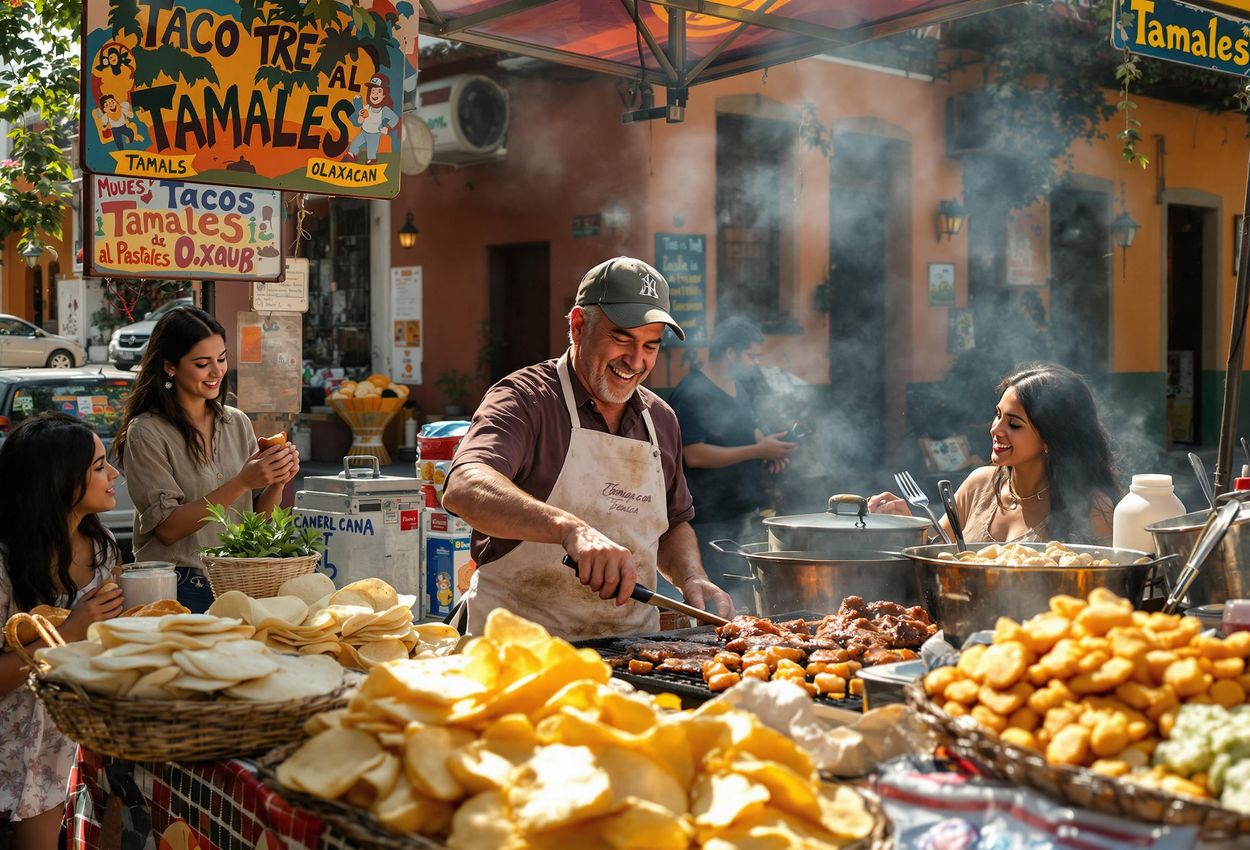 A photograph capturing a bustling street food stall in Mexico City