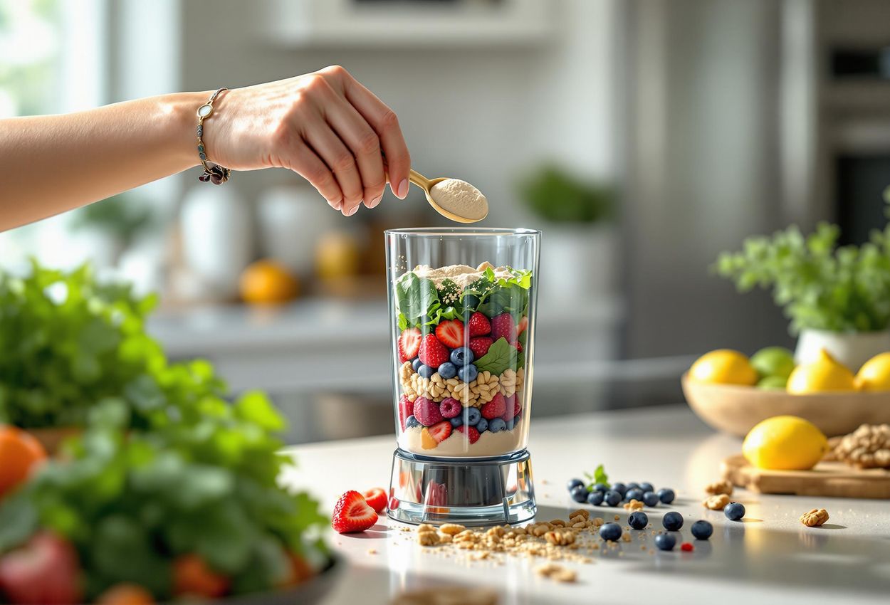 A close-up photograph of a colorful superfood smoothie being prepared in a bright, modern kitchen. The image showcases fresh ingredients like leafy greens, berries, nuts, and seeds, highlighting a healthy and vibrant lifestyle.