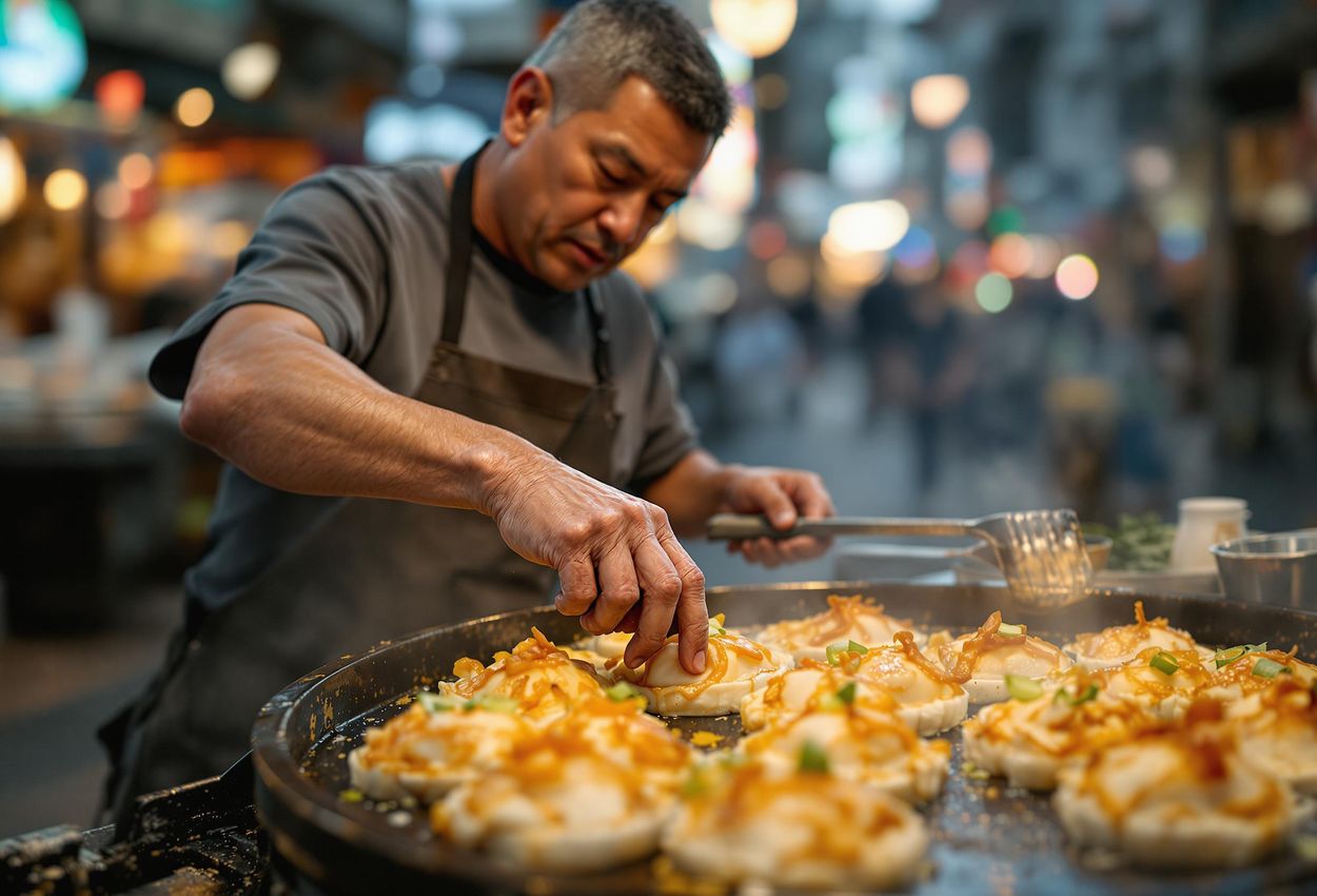 A photograph of a street food vendor in Osaka, Japan, preparing Takoyaki on a sizzling griddle amidst a bustling evening scene.
