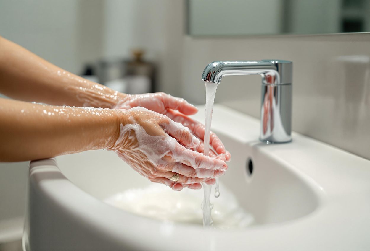 A close-up photo shows hands being washed thoroughly with soap and water at a pristine public restroom sink, emphasizing the importance of hand hygiene.