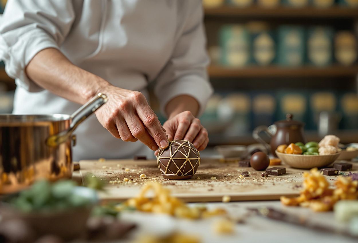 Crafting Coussin de Lyon at Chocolaterie Richart, Lyon A detailed close-up captures the meticulous process of making coussin de Lyon at Chocolaterie Richart. The image showcases the artistry and dedication involved in creating these exquisite French chocolates.