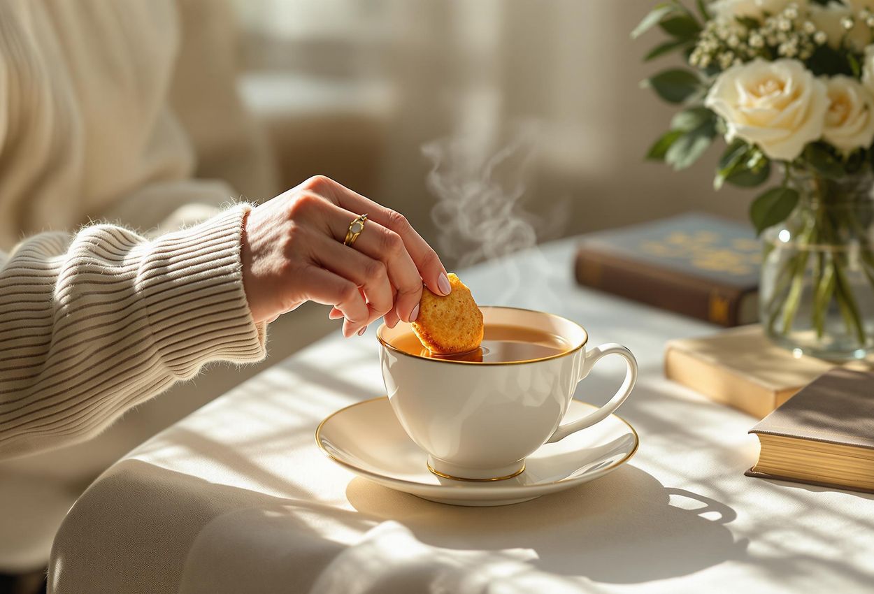 A photograph capturing a person dipping a madeleine into a cup of tea in a sunlit room, evoking a sense of warmth, nostalgia, and the connection between memory and taste.