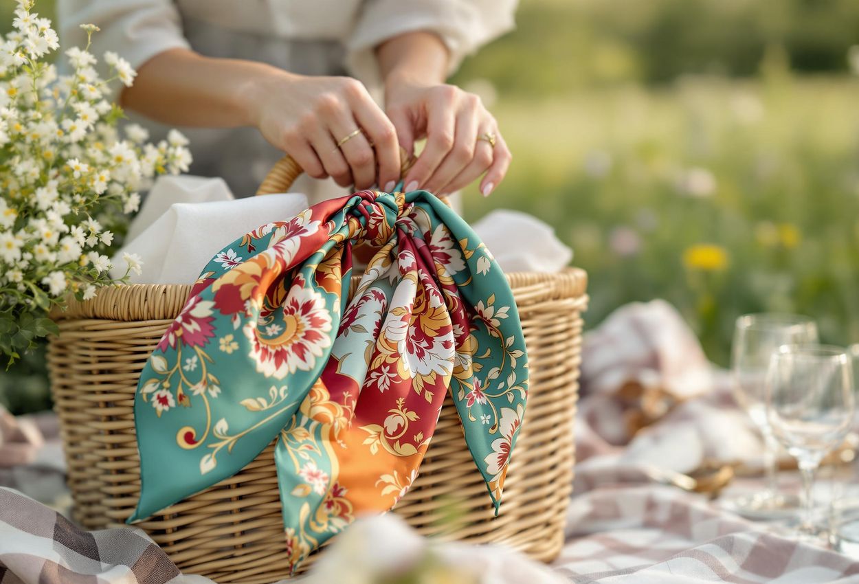 Woman Preparing Luxury Picnic in Meadow A close-up photograph captures a woman tying a colorful silk scarf around a wicker picnic basket filled with elegant picnic essentials in a sun-dappled meadow.