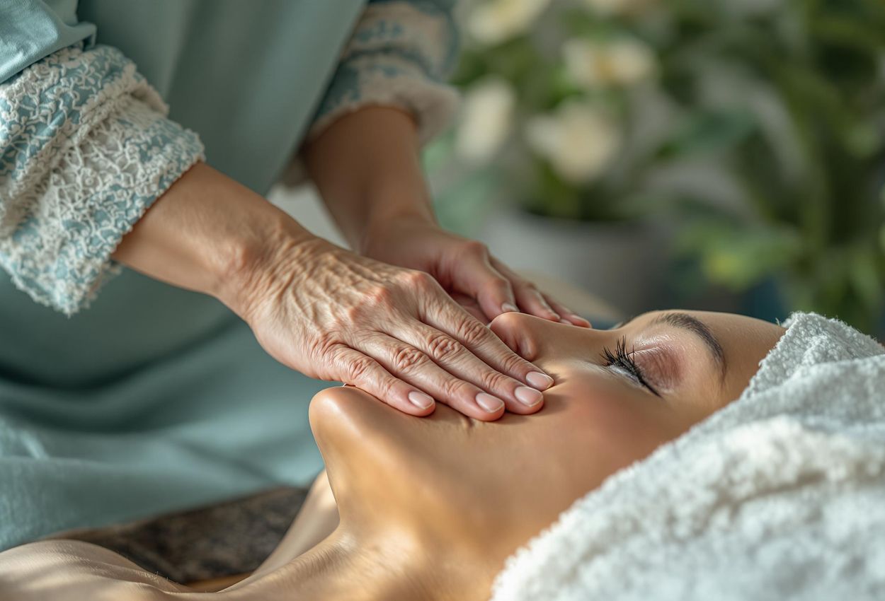A close-up photograph captures a serene energy healing session. The image focuses on the compassionate connection between the healer and client, emphasizing trust, healing, and the potential for realignment.