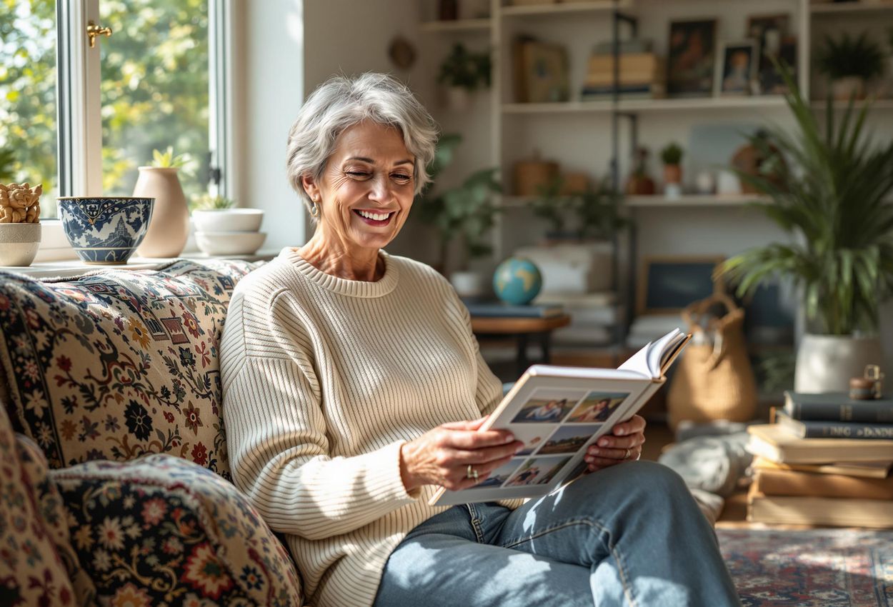 A photograph of a woman sitting in her living room, surrounded by souvenirs from her travels, looking at photos and smiling contentedly.
