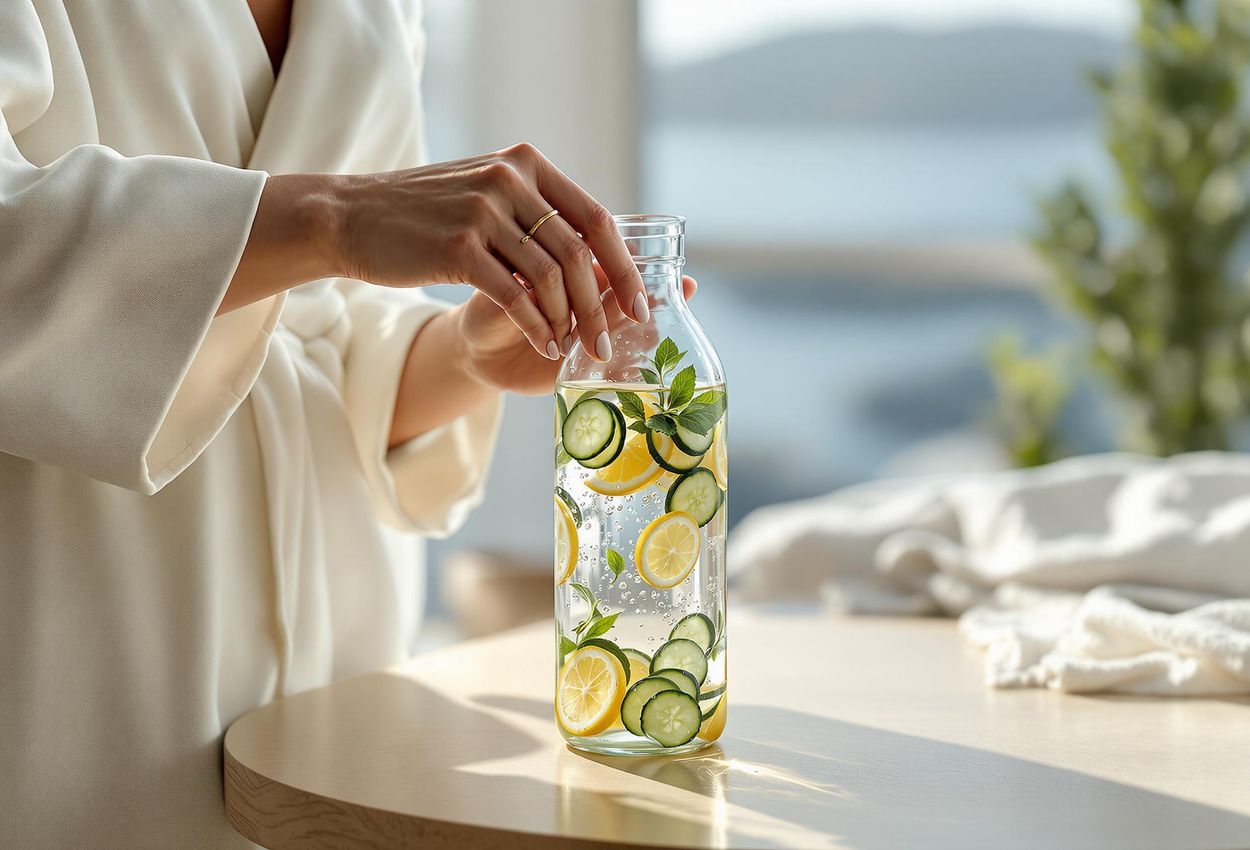A close-up photograph captures a traveler preparing infused water with lemon, cucumber, and mint in a serene Santorini hotel room, promoting hydration and well-being.