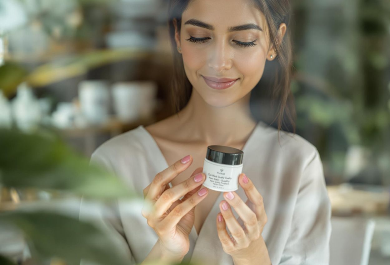 A woman carefully inspects a wellness product label, looking for certification seals that signify quality and safety. The photo captures a moment of informed consumer decision-making.