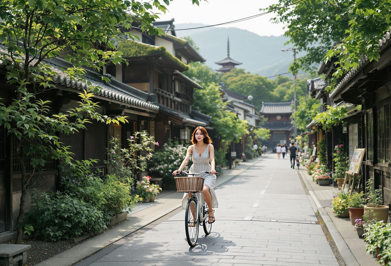 A serene photograph of a cyclist riding along a traditional street in Kyoto, Japan, showcasing the city