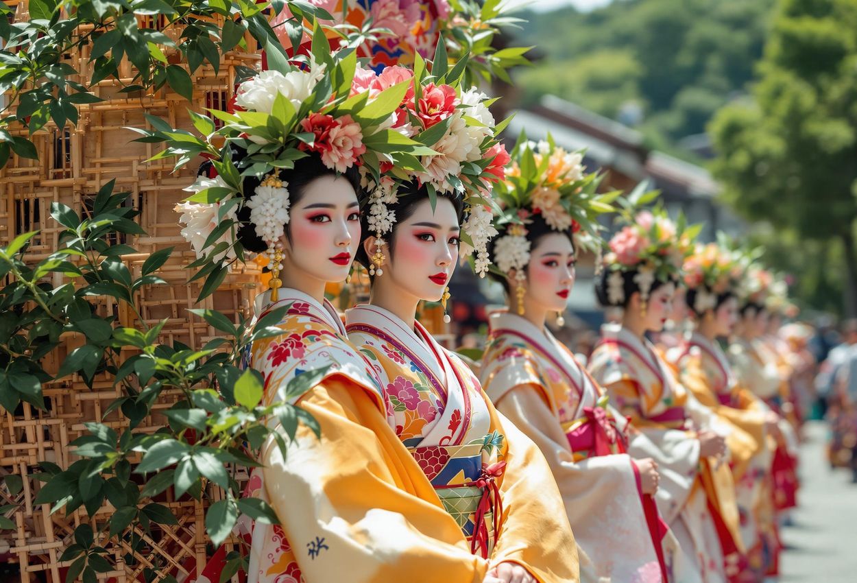 A photograph capturing the vibrant Aoi Matsuri procession in Kyoto, Japan, featuring participants in traditional costumes and adorned with hollyhock leaves parading through the historic streets.