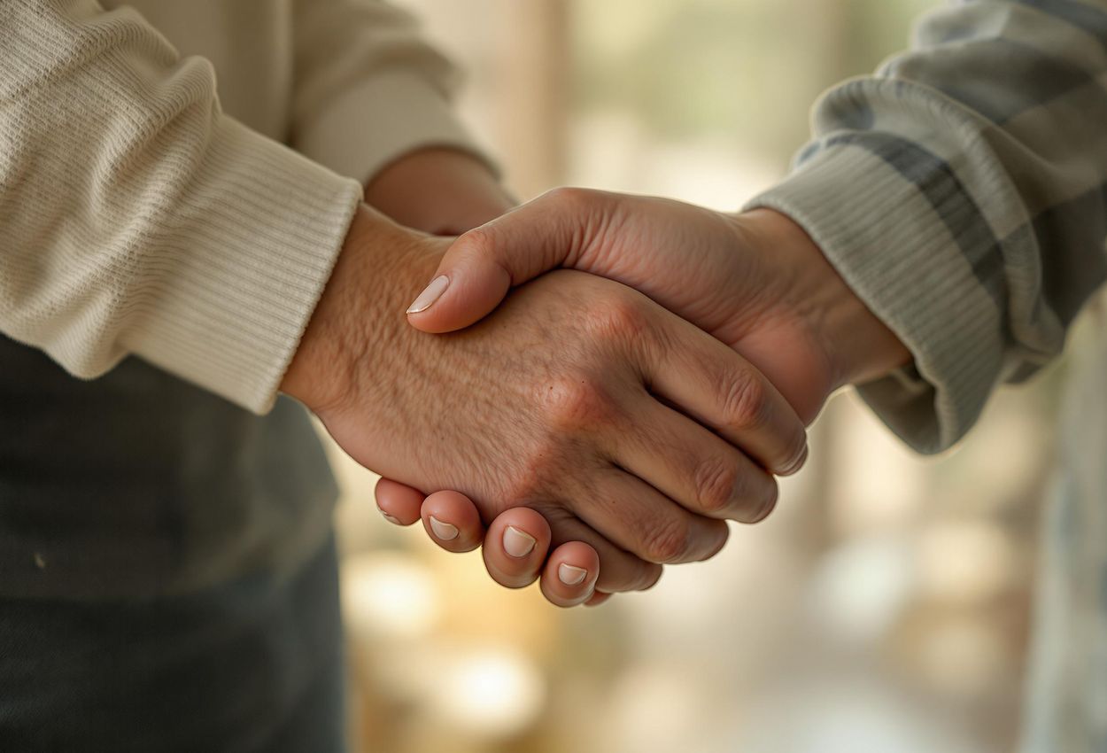 A touching photograph capturing a close-up of two people holding hands, conveying empathy, connection, and mutual support through a soft, warm, and intimate composition.