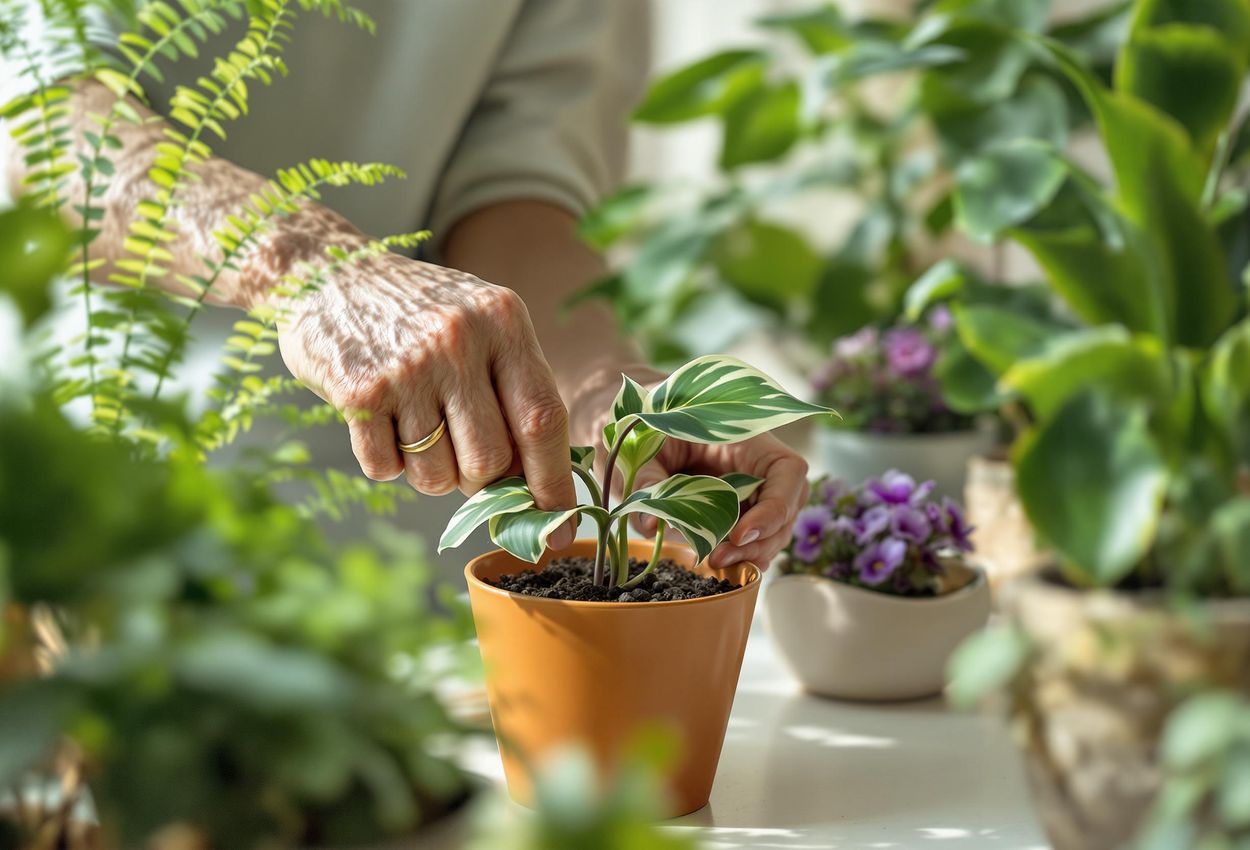 Indoor Gardening: Close-Up of Hands Tending to Plants A detailed close-up photograph of hands gently caring for indoor plants, showcasing the beauty and tranquility of connecting with nature at home.