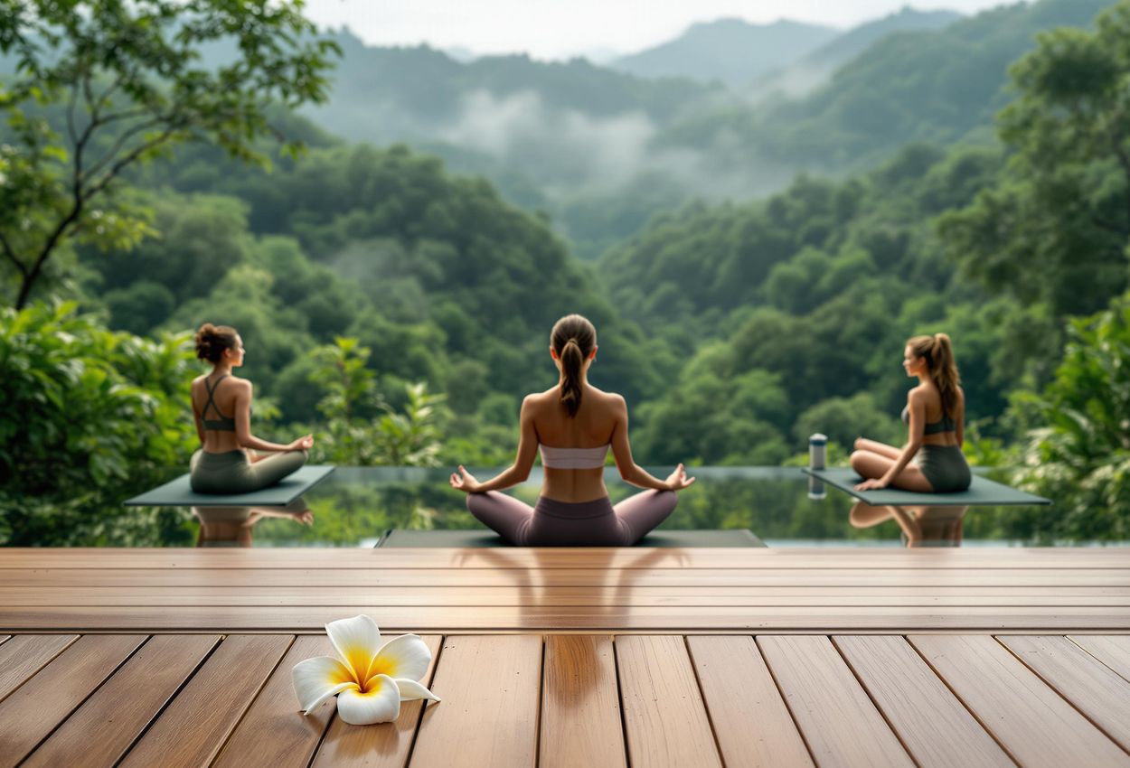 A photograph captures a peaceful yoga session on a wooden deck overlooking a lush green valley in Ubud, Bali. The scene showcases people practicing yoga in soft morning light, emphasizing wellness and self-care.