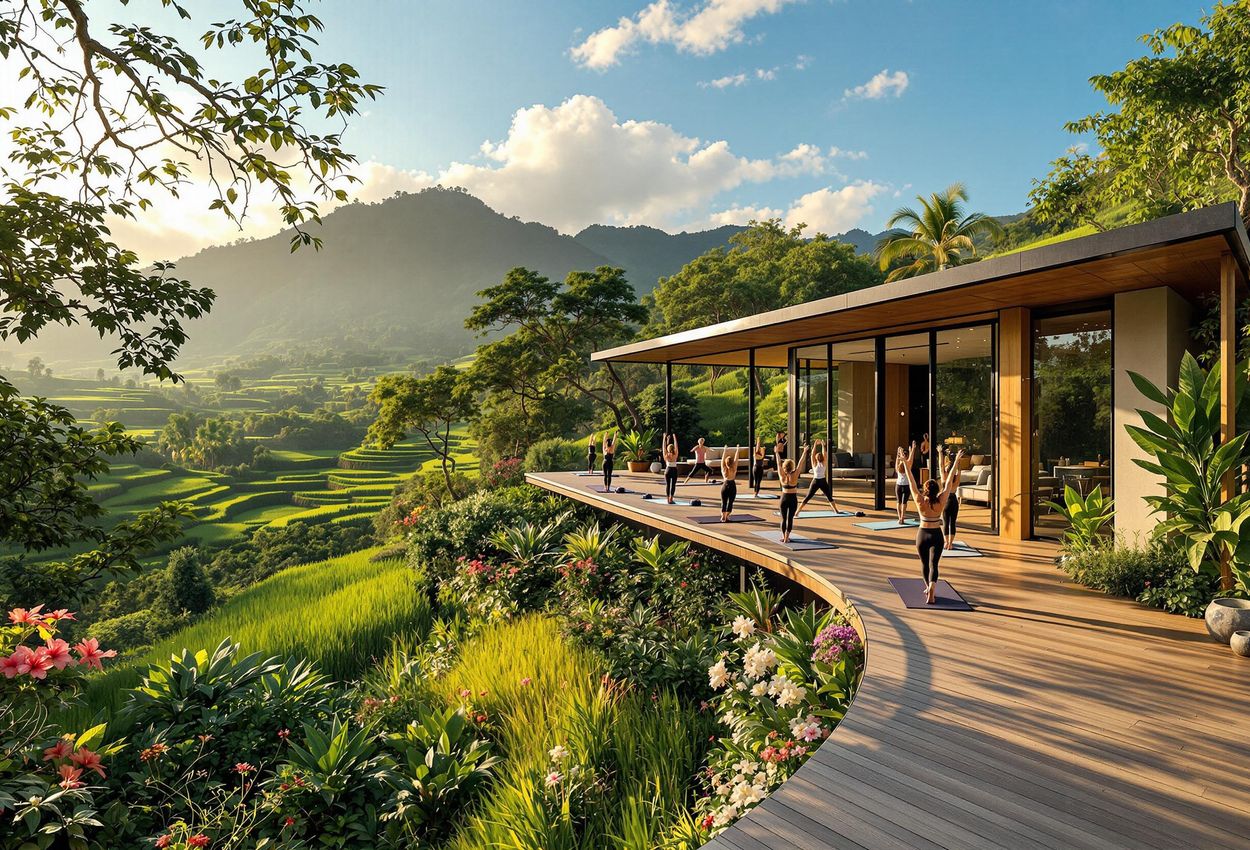 A scenic photograph showcasing an eco-friendly wellness retreat nestled in a lush Balinese landscape. The image captures the retreat