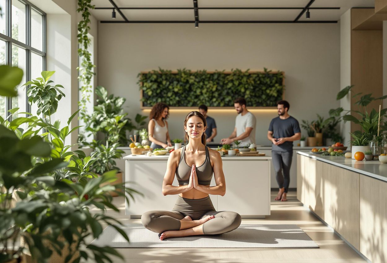 A photograph capturing a diverse group of people participating in yoga, meditation, and healthy eating in a bright, modern wellness studio. The scene conveys community, energy, and well-being.