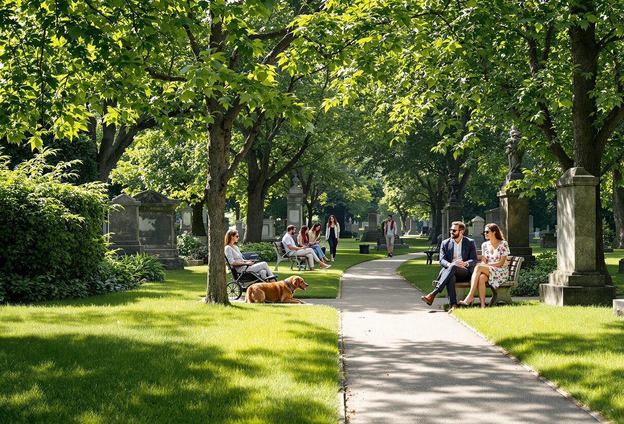 Tranquil Afternoon at Assistens Cemetery, Copenhagen A serene photograph of Assistens Cemetery in Copenhagen on a sunny summer afternoon, featuring lush greenery, historic tombstones, and people enjoying the peaceful atmosphere.