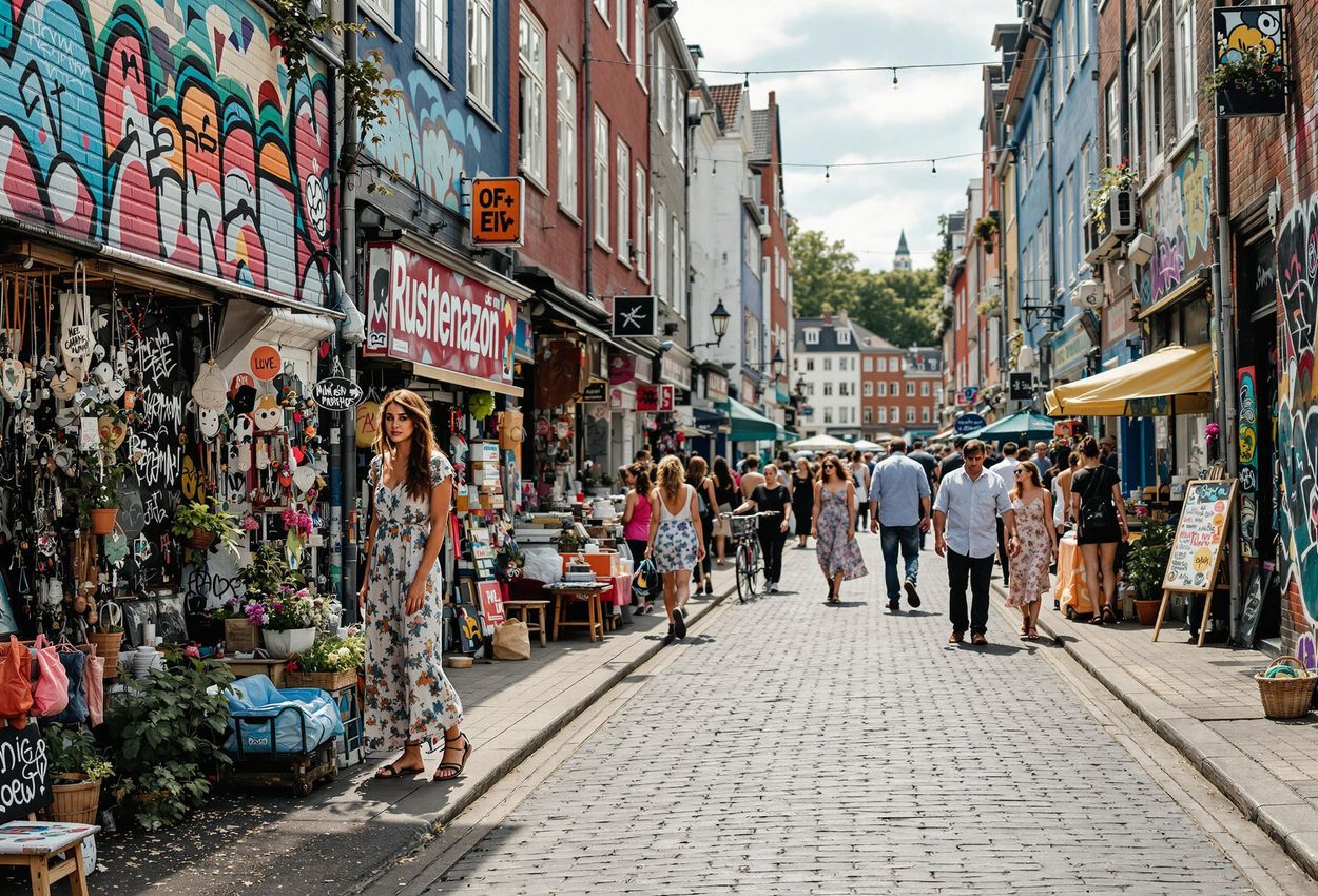 Vibrant Street Scene in Christiania, Copenhagen A captivating photograph capturing the artistic and free-spirited atmosphere of Christiania, Copenhagen, showcasing colorful graffiti, bustling streets, and unique handmade crafts.