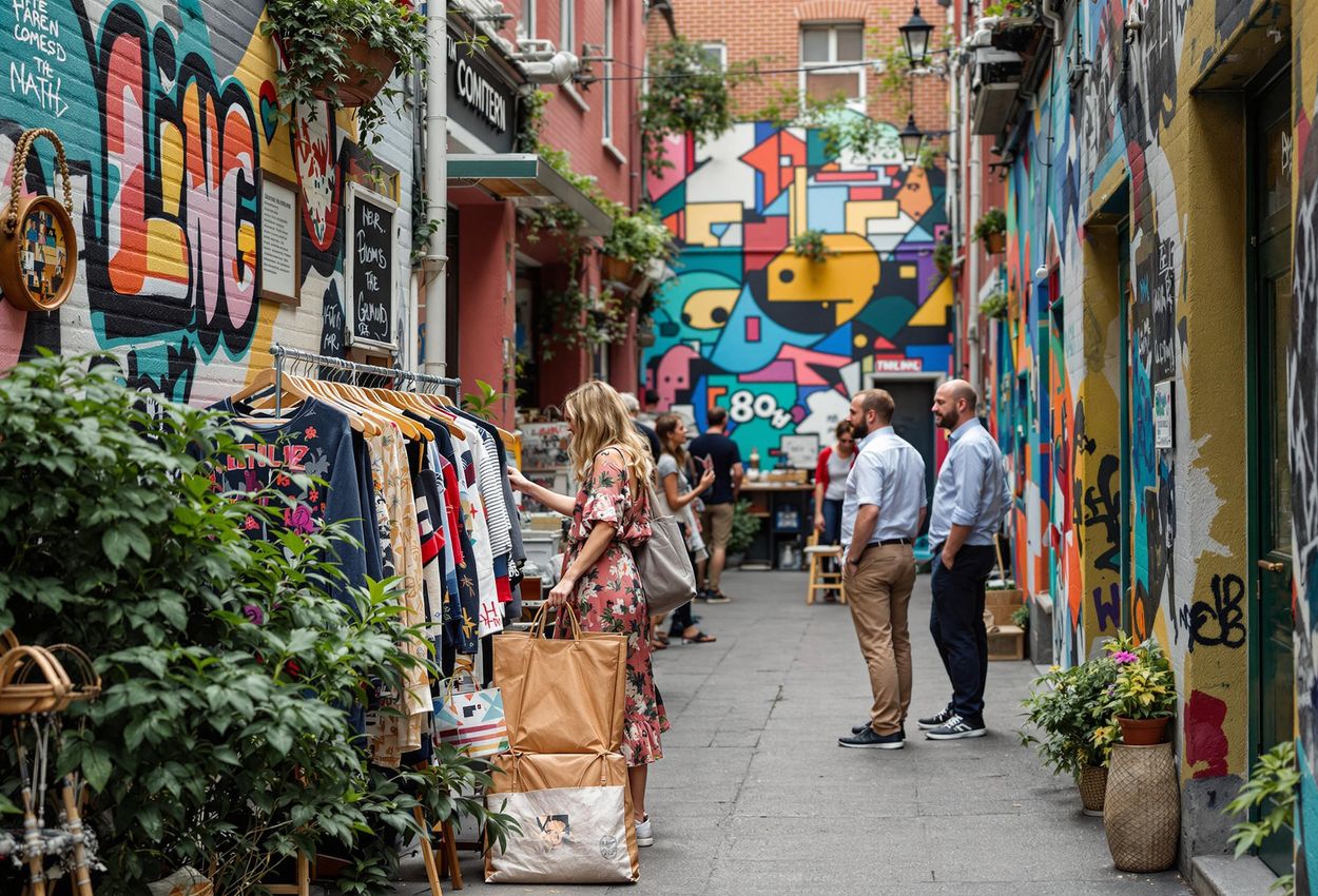 Vibrant Street Art and Boutiques in Vesterbro, Copenhagen A captivating photograph showcasing a hidden courtyard in Vesterbro, Copenhagen, filled with colorful street art and unique independent boutiques.