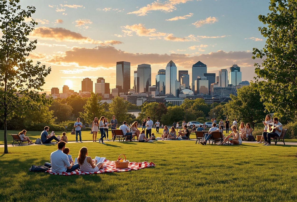 A photograph capturing the vibrant atmosphere of Anchorage, Alaska, during the summer solstice. People gather in Delaney Park to enjoy the extended daylight and celebrate the midnight sun, with the city skyline bathed in golden light.