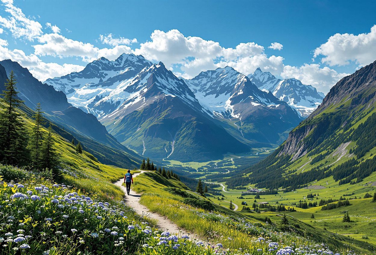 A stunning landscape photograph of Chugach State Park, Alaska, featuring snow-capped mountains, lush valleys, and a lone hiker on a winding trail. A breathtaking view of the Alaskan wilderness.