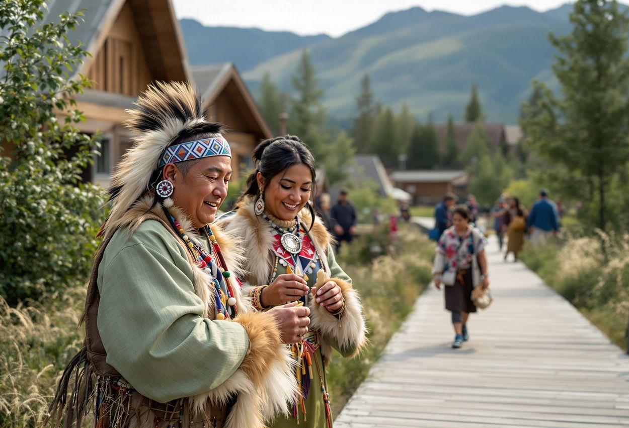 A photograph capturing Alaska Native people demonstrating traditional crafts at the Alaska Native Heritage Center, showcasing their rich cultural heritage and welcoming spirit.
