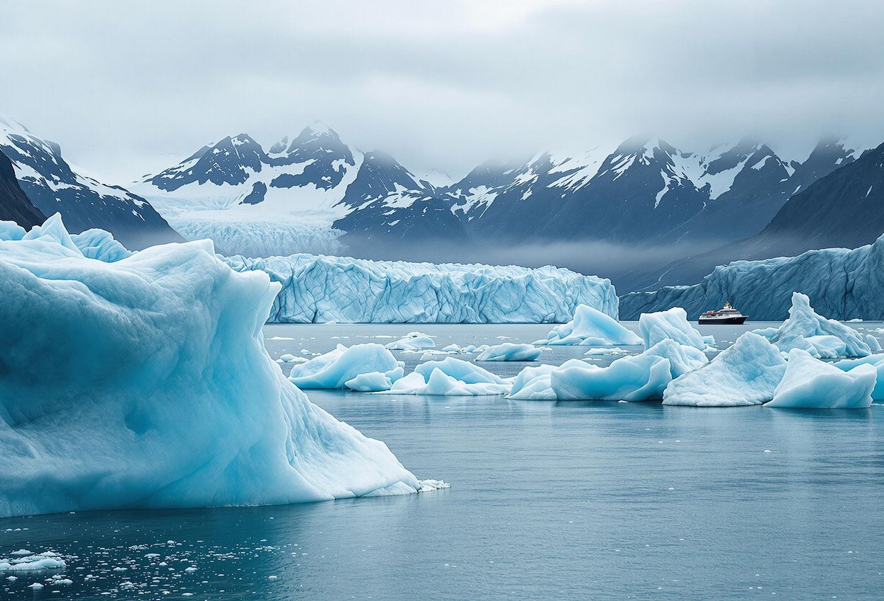 A stunning photograph capturing a glacier calving in Prince William Sound, Alaska. Icebergs float in the foreground, with a cruise ship dwarfed by the landscape in the distance.