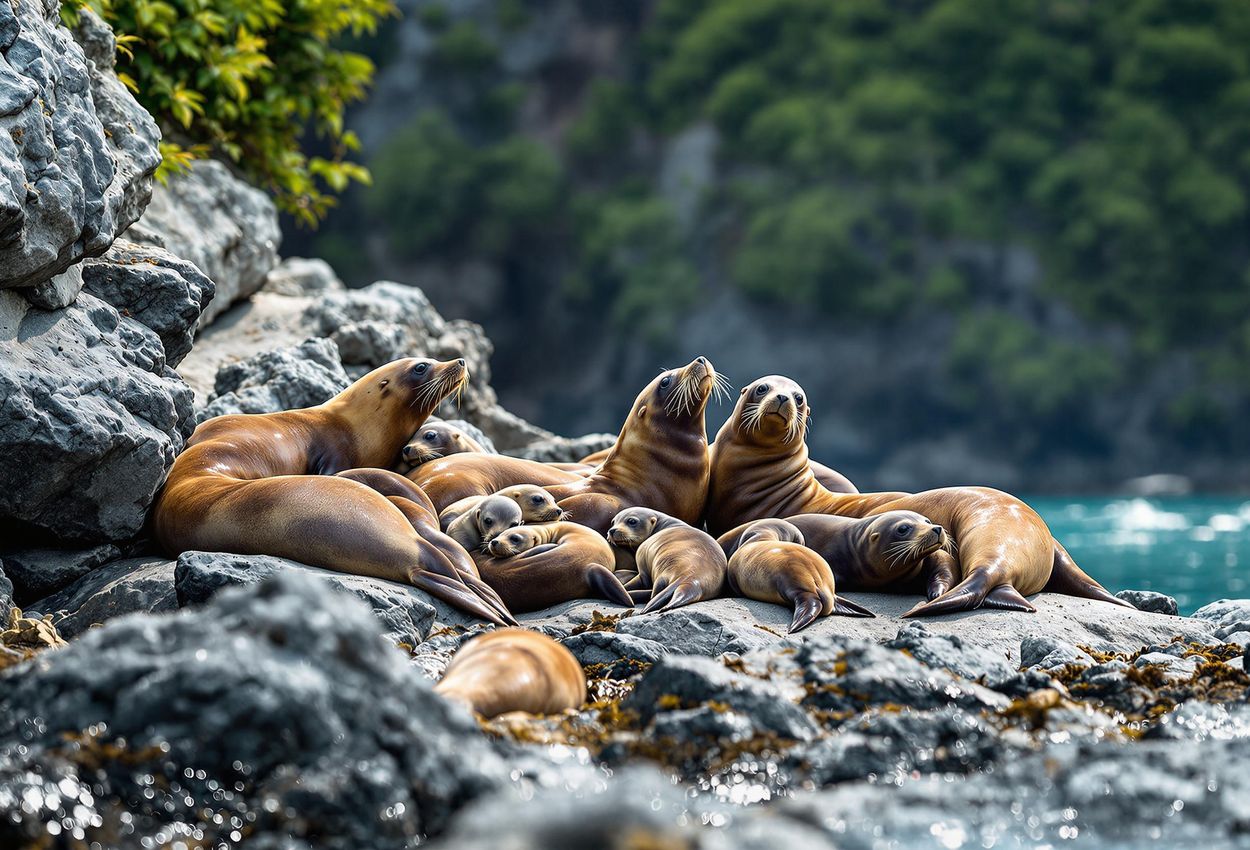 A close-up wildlife photograph of Steller sea lions resting on a rocky outcrop in Kenai Fjords National Park, Alaska, with blue water and green foliage in the background.