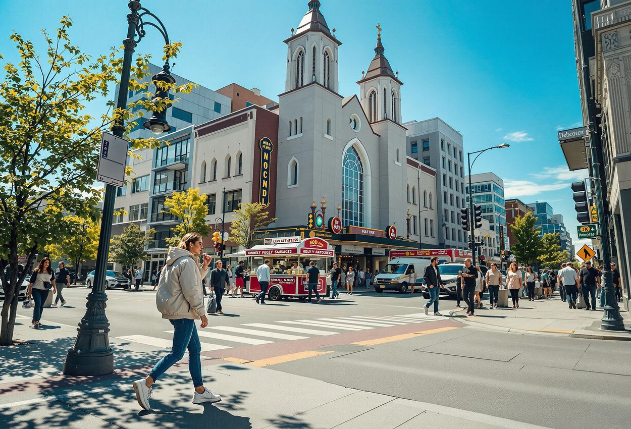 A street-style photograph of downtown Anchorage, Alaska, capturing the vibrant atmosphere with people walking, shopping, and dining amidst modern and historic architecture on a sunny day.
