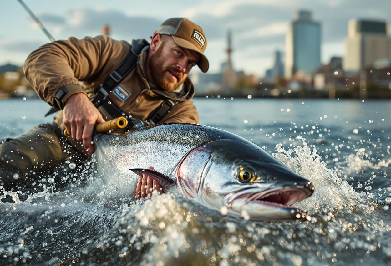 A close-up action photograph of an angler battling a king salmon at Ship Creek in Anchorage, Alaska, during the annual Slam