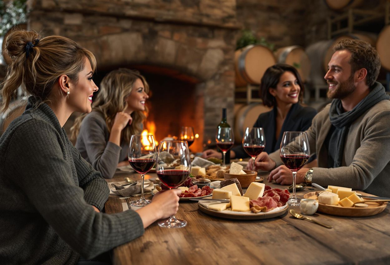 A warm and inviting photograph capturing a luxurious winter wine tasting experience inside a wine estate in Stellenbosch, South Africa. Guests are enjoying wine and a hearty meal by a crackling fireplace.