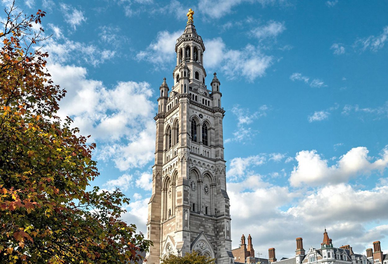 A detailed photograph of the Campanile at Trinity College in Dublin, showcasing its stunning architecture and the vibrant autumn foliage of the campus.